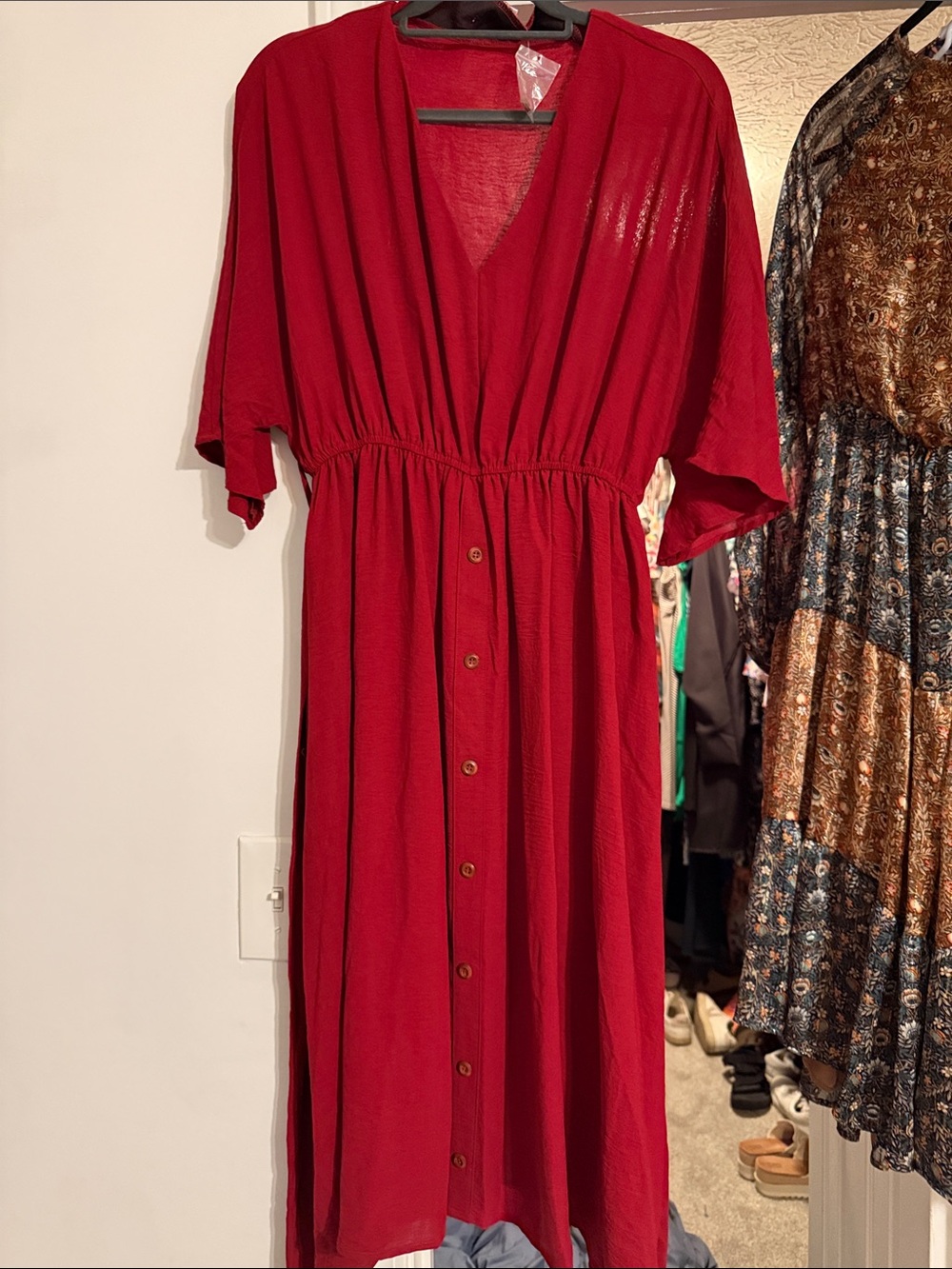 Red Button-Front V-Neck Women's Dress